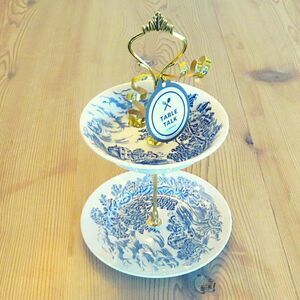 Vintage MINI BLUE Transferware Candy BOWL PLATE Dessert STAND 2-Tier